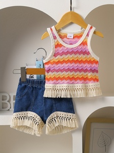 Conjunto de Dos Piezas para Niña 2026: Top de Punto con Borlas + Shorts de Mezclilla con Borlas, Conjunto Lindo de 2 Piezas - Product Image 1