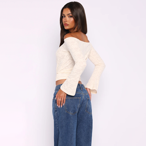 T-<span class=keywords><strong>shirt</strong></span> de luxe personnalisé pour femme, nouveau modèle tendance, à épaules dénudées, <span class=keywords><strong>manches</strong></span> <span class=keywords><strong>longues</strong></span>, sexy, coupe ajustée, en maille et <span class=keywords><strong>dentelle</strong></span>, idéal pour les soirées - Product Image 2