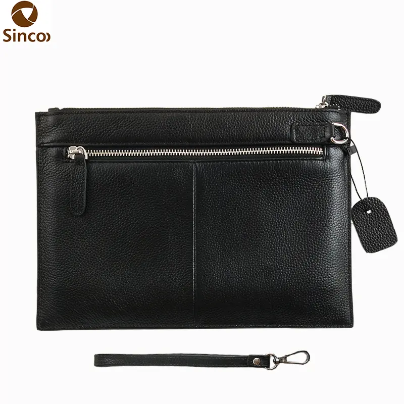Luxury Pebble Grain Business Wrist Wallet Zipper Handbags Men's Genuine Leather Clutch Bag