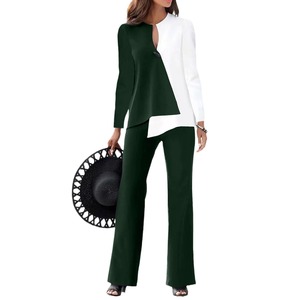 Conjunto Elegante de 2 Piezas para Mujer: Blusa de Manga Larga con Bloques de Color y Pantalones para Uso Profesional - Product Image 5