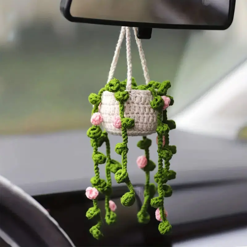 2024 Car Mirror Hanging Accessory Handmade Knitted Cute Crochet Potted Plant Rear View Decor Car Interior Accessories