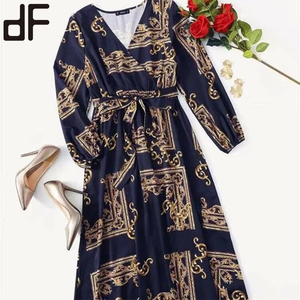 Robe maxi à imprimé <span class=keywords><strong>baroque</strong></span> bleu marine personnalisée, abaya moderne musulmane islamique marocaine pour soirée cocktail, tendance, grande taille - Product Image 4