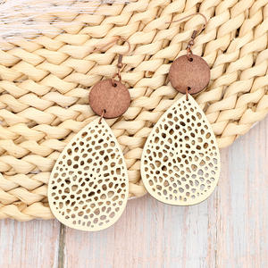 Boucles d'oreilles en faux cuir géométrique goutte maille évidé cuir épissé bois pendentif boucles d'oreilles pour femmes Uionen 899 - Product Image 3