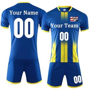 ชุดเสื้อฟุตบอลแบบซับลิเมชั่นสั่งทำพิเศษสำหรับผู้ชาย สีขาว-น้ำเงิน ระบายอากาศได้ดี แขนสั้น พิมพ์ชื่อทีมและหมายเลข สำหรับทุกฤดูกาล - Product Image 2