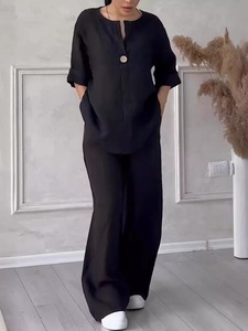 Ensemble décontracté en coton et <span class=keywords><strong>lin</strong></span> pour <span class=keywords><strong>femme</strong></span>, style européen et américain, tendance 2026, avec haut ample confortable et <span class=keywords><strong>pantalon</strong></span> large - Product Image 5