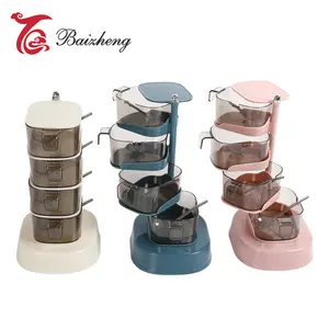 Rack de tempero rotativo de plástico, 4 camadas, vertical, tempero, cozinha, suporte, tempero, conjunto de potes