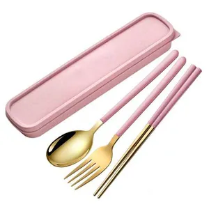 Japanse outdoor lepel vork met eetstokjes, 3 in 1 roze reizen bestek voor studenten