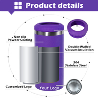 Refroidisseur de canettes 4-en-1 en acier inoxydable de 16 oz avec logo personnalisé, revêtement poudré, ouvre-bouteille et couvercle de couleur assortie pour bière et soda