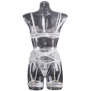 Nouvel ensemble de lingerie transparente en maille blanche, sexy, avec dentelle brodée florale et effet push-up, quatre pièces - Product Image 6