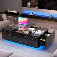 Table basse Kainice moderne en verre marbré et bois, multifonctionnelle, avec chargeur sans fil, lumière LED, plateau relevable, blanche, meuble de maison dissimulé