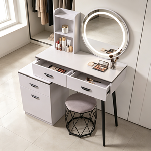 Modern <b>Makeup</b> <b>Vanity</b> With Lighted <b>Mirror</b> Storage Drawers Bedroom Dressing Table With Stool - Product Image 3