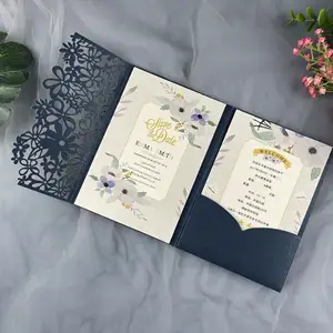 Tarjetas de invitación láser de encaje ahuecado para boda, cintas elegantes de 5x7 pulgadas con sobres para invitaciones de boda
