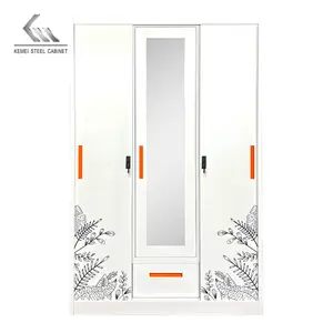 Metal Home Wardrobe Flower Print Living Room Bedroom Steel Storage Cabinet 3 Doors Clothes Cupboard Home Wall Closet Almirah