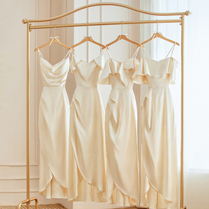 Champagne <b>Satin</b> Bridesmaid Dress <b>Halter</b> Neck Sheath Silhouette Natural Waistline Evening Gown - Product Image 1