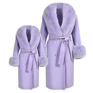 European Handmade Sew Mongolia Fur Real Fox Fur Collar Belt Design Slim Fit Long Cashmere Coat Winter Women Fashion Wool Coat