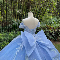 Robe de bal de luxe Jancember LSMC90 bleu clair, épaules dénudées, grand nœud, appliques scintillantes