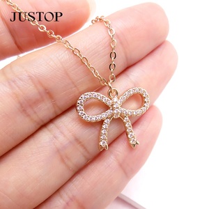 Wholesale Trendy Women's Brass 24K Gold Plated Link Chain Rhinestone Dainty Cubic Zircon <b>Bow</b> Pendant Necklace - Product Image 5