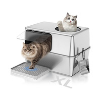 Bac à litière pour chat rectangulaire extra large en acier inoxydable argenté moderne, anti-éclaboussures, anti-rouille, lisse