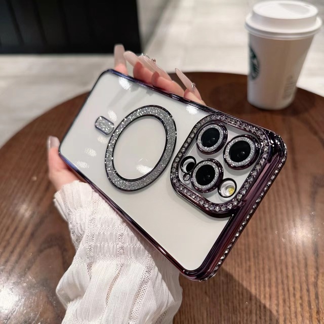 Hot Luxury Glitter Diamond case Magnet Wireless Charging Cute Phone case for iPhone 16 Pro Max 14 Plus 17 18 Pro Max Cherry Red