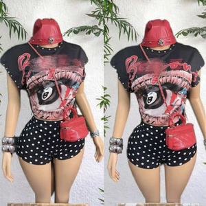 Ensemble deux pièces d'été pour femme en coton peigné respirant, style streetwear, comprenant un débardeur sans bretelles à motif clou et un short à pois longueur genou - Product Image 3