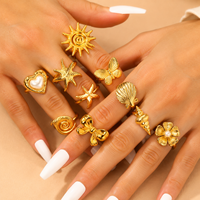 Perhiasan Fashion Wanita Lapis Emas Baja Anti Karat Cincin Terbuka Model Bintang Laut & Kerang Dapat Disesuaikan Hadiah Liburan Tema Laut yang Dipersonalisasi