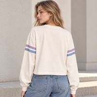 T-shirt personnalisé pour femme en jersey tricoté, coupe courte, manches longues, épaules tombantes, imprimé vintage, style décontracté streetwear