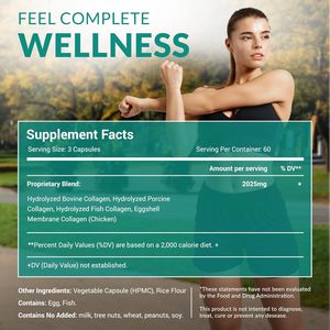 Cápsulas de Colágeno Multi Tipo I II III V X com Péptidos de Colágeno de Casca de Ovo, Frango, Peixe Selvagem e Carne de Gado Alimentada com Pasto - Product Image 2
