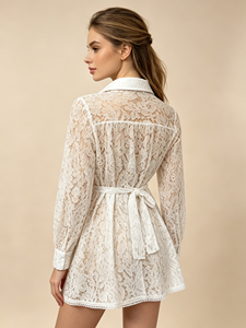 Robe chemise en dentelle blanche pour femme, manches longues, col boutonné, mini-robe avec lien à nouer - Product Image 3