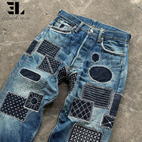 Pantalon en jean évasé de style japonais avec appliqué brodé à la main Sashiko, coupe slim, jambe droite, fabriqué sur mesure par LARSUR