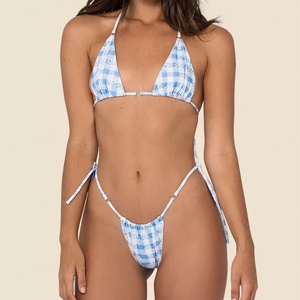 Bikini de mujer de dos piezas con tirantes dobles, top halter triangular, tanga con lazo lateral personalizado, secado rápido, sujetador push-up y tanga en V, ropa de playa - Product Image 5