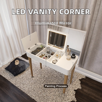Coiffeuse de maquillage moderne en coin pour chambre à coucher Éclairage LED 3 couleurs avec panneau de rangement Style bois pour usage domestique
