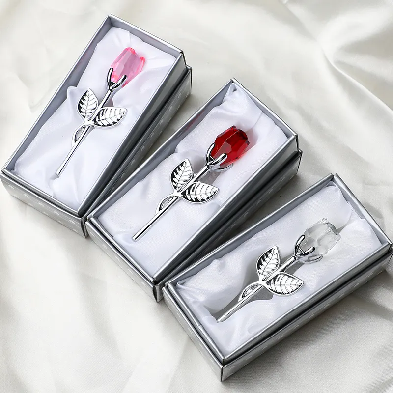बेच वेलेंटाइन दिवस शादी के उपहार क्रिस्टल शिल्प क्रिस्टल गुलाब चांदी स्टेम लाल गुलाब