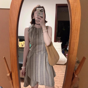 French Striped Sleeveless Vest Dress For Women Summer Irregular Design Tie Neck Natural Waist Daily Casual Short Skirt - Product Image 3
