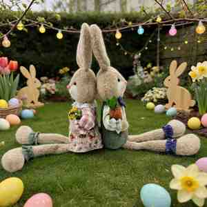 Figurine de lapin en peluche douce de dessin animé, couple de lapins de Pâques, décor de maison printanier, avec pot de fleurs en forme de carotte, vente en gros - Product Image 4