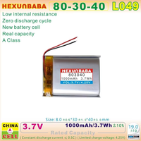 803040 3.7V 1000mAh 2 kabel baterai Li-Ion untuk Speaker MP3 L049