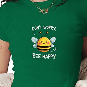 DON T WORRY BEE HAPPY Camiseta de punto con estampado de manga corta y corte ajustado Y2K para mujer - Product Image 1