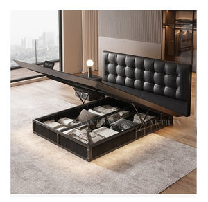 Luxe HOT SALE Mid-Century <span class=keywords><strong>Platform</strong></span> <span class=keywords><strong>Bed</strong></span> met hoofdbord van volnerf leder, wafel-gestikt, zwevend onderstel, gepoedercoat stalen frame - Product Image 3