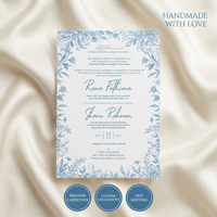 Cartes d'invitation de mariage islamiques élégantes bleues à motifs floraux, personnalisées avec calligraphie arabe, fabricant d'invitations Nikah en gros