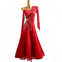 Robe de danse de salon rouge asymétrique à manches longues et strass pour femme, jupe ample, pour la danse de valse et les compétitions standard
