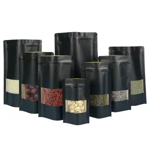 スナックナットジッパービニール袋食品包装用ウィンドウジップロック付きブラックドイパッククラフト紙平底ポーチ