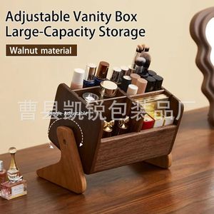 Adjustable Dividers Wooden <b>Makeup</b> Storage <b>Box</b> Large Capacity Compartmentalized Desktop Organizer Walnut Finish - Product Image 5