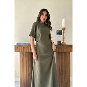 Vestido Casual Diario de Cuello Redondo Plisado Color Caqui al por Mayor, con Cintura Natural, Silueta Holgada y Tejido Transpirable - Product Image 3