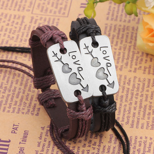 Pulsera de piel de vaca con forma de corazón, regalo para parejas de plata tibetana, joyería unisex, color marrón QNW1085 - Product Image 1