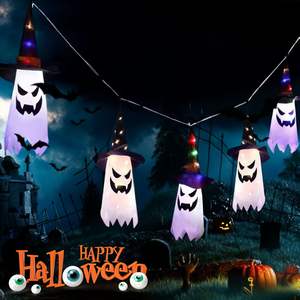 Luces decorativas colgantes de Halloween con forma de fantasma y sombrero de bruja, luces LED en cadena. Adecuado para jardines, porches, fiestas y lugares embrujados. - Product Image 1