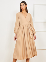 Robe midi élégante en satin à manches longues et col en V fendu pour femme – Idéale pour les soirées, banquets et occasions décontractées