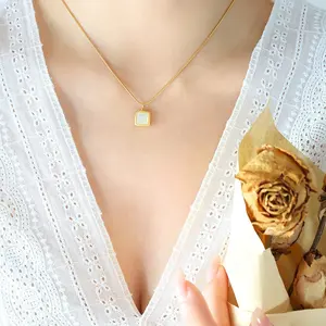 Delicate Women Square White Seashells Pendant Stainless Steel Golden Snake Chain Necklace