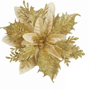 Dropshipping Shopify Gold <b>Glitter</b> Christmas Poinsettia Pick Artificial Floral Tree Decoration Holiday Ornament - Product Image 1