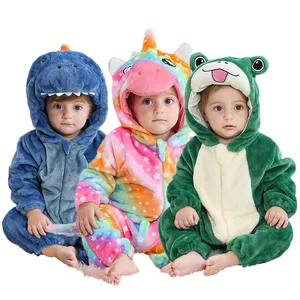 Оптовая продажа, зимние слитные пижамы с изображением животных, Детские фланелевые ползунки, комбинезоны с милым динозавром, детское боди