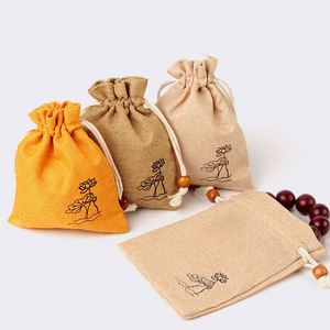 Sac en lin en gros avec cordon de serrage en perles de bois, motif feuille de lotus imprimé 8x10cm, emballage coloré pour bijoux et bonbons, idéal pour cadeaux - Product Image 3