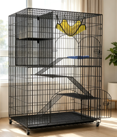 Cage à chat DIY en fer noir thermolaqué avec roulettes, étagère de rangement intégrée, hamac suspendu et lit en peluche – Durable, capacité de 25 lb